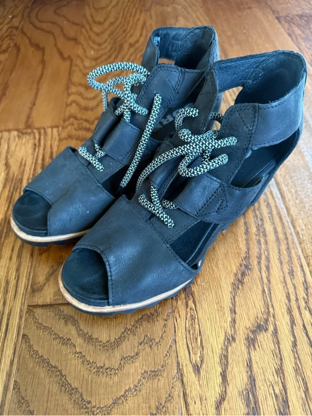 Sorel‎ JOANIE™ Lace-Up Wedge Peeptoe Sandal In Black Size 8.5